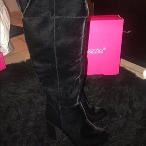 Black velvet over the knee boots
